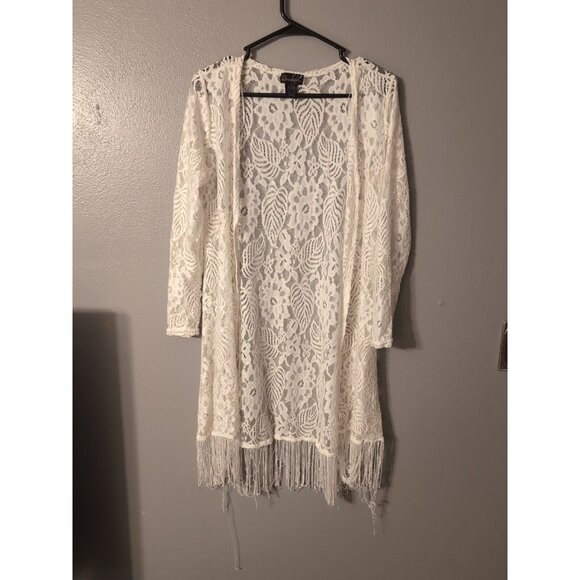 Questions Lace Long Fringe Trim Ivory Floral Boho Cardigan Size S - Picture 1 of 3